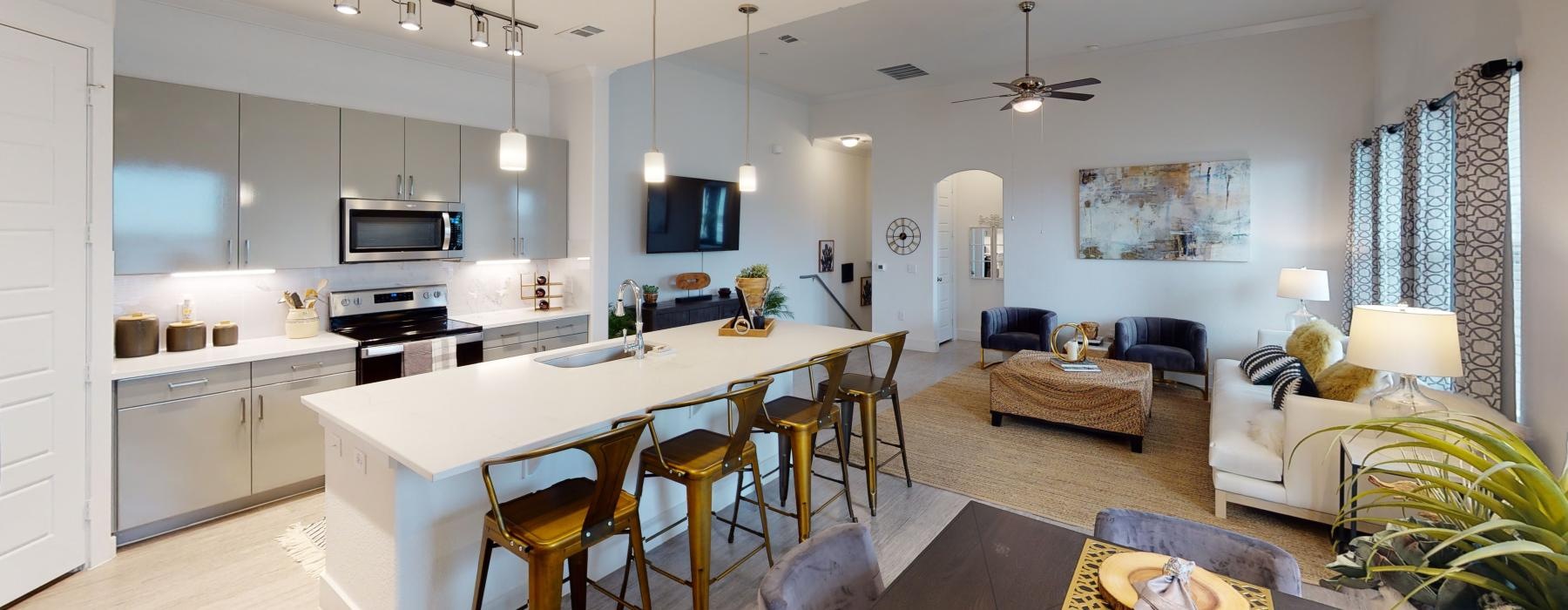 a kitchen and living room